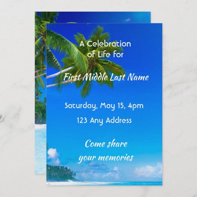 Invitación Celebration of Life Service Tropical Beach Exotic (Anverso / Reverso)