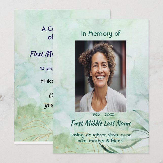 Invitación Celebration of Life Service Watercolor Foliage  (Anverso / Reverso)