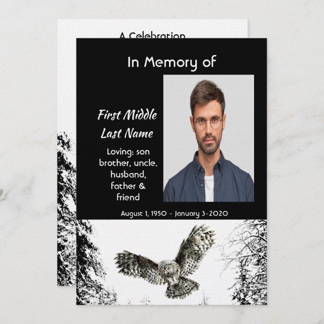 Invitación Celebration of Life Service  Watercolor Owl Bird (Anverso / Reverso)