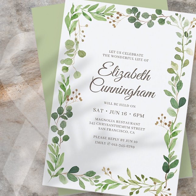 Invitación Celebration of Life Watercolor Foliage Greenery (Subido por el creador)