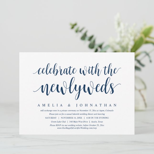 Invitación Celebre con los recién casados, fuga de novios en (Anverso de pie)