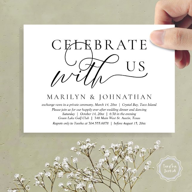 Invitación Celebre con nosotros Boda Huida a la Boda Cena Bai (Celebrate with us Wedding Elopement Dinner Dancing Invitation Card, PDF, Black White)