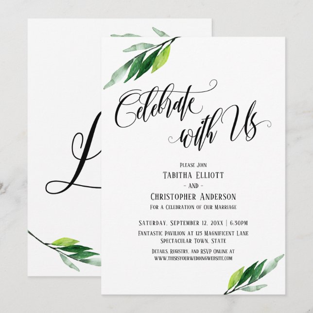 Invitación Celebre Con Nosotros Escritura Elaborada y Verdor (Anverso / Reverso)