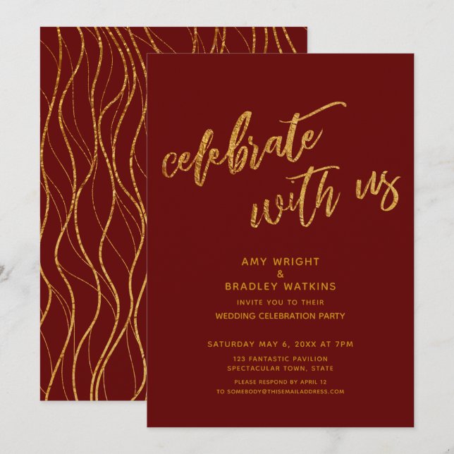 Invitación Celebre con Nosotros Recepción de Boda Borgoña Oro (Anverso / Reverso)