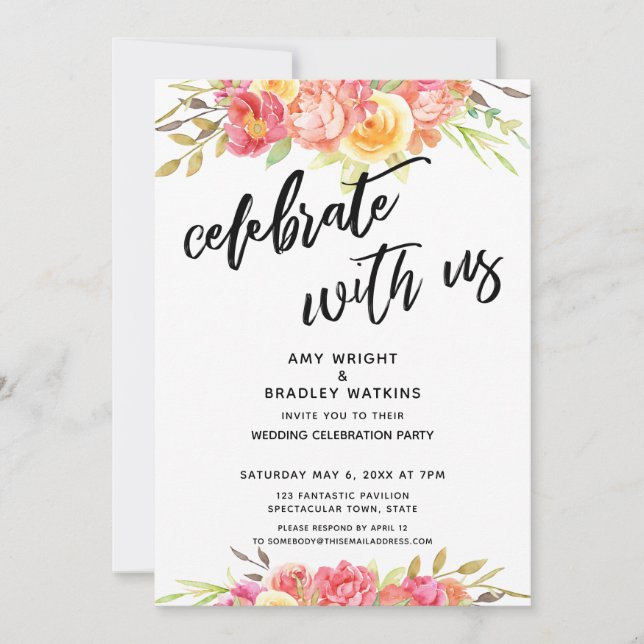 Invitación Celebre Con Nosotros Recepción de Boda con Flores  (Anverso)
