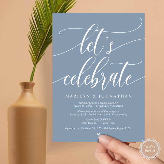 Invitación Celebremos al Fiesta de Elopement Boda, azul marin (Let's Celebrate Wedding Elopement Dinner Lunch Brunch Party Invitation Card, PDF, in Dusty Blue)