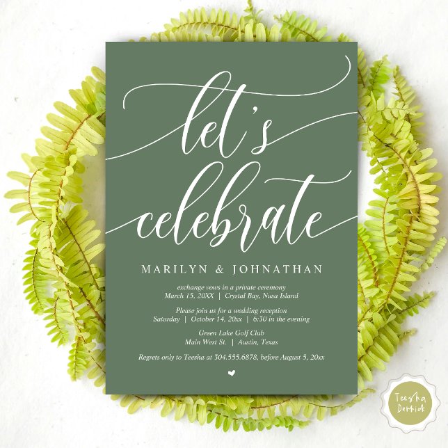 Invitación Celebremos al Fiesta de Elopement Boda, azul marin (Let's Celebrate Wedding Elopement Dinner Lunch Brunch Party Invitation Card, PDF, in Forest Sage)