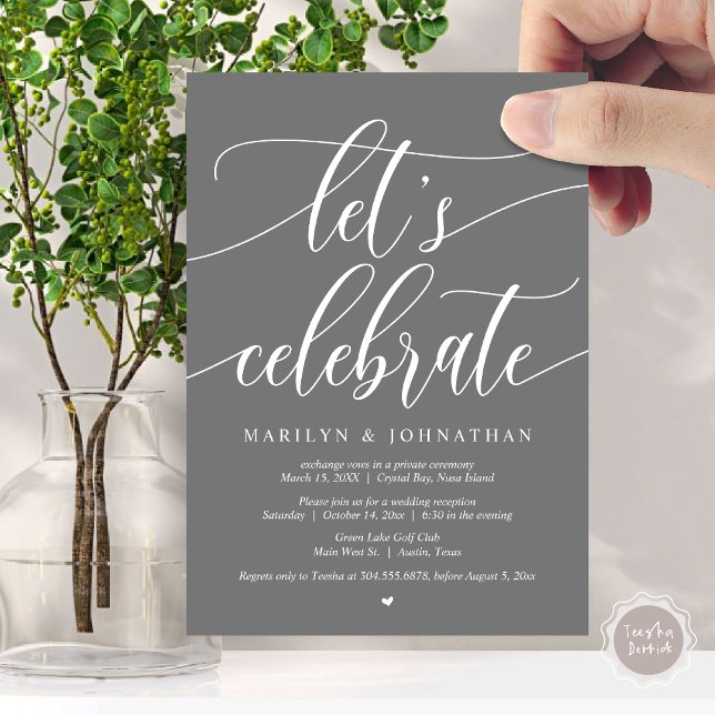 Invitación Celebremos al Fiesta de Elopement Boda, azul marin (Let's Celebrate Wedding Elopement Dinner Lunch Brunch Party Invitation Card, PDF, in Dark Grey)