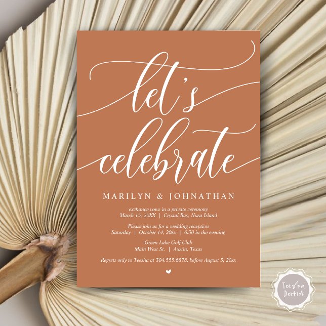 Invitación Celebremos al Fiesta de Elopement Boda, azul marin (Let's Celebrate Wedding Elopement Dinner Lunch Brunch Party Invitation Card, PDF, in Copper Brown)