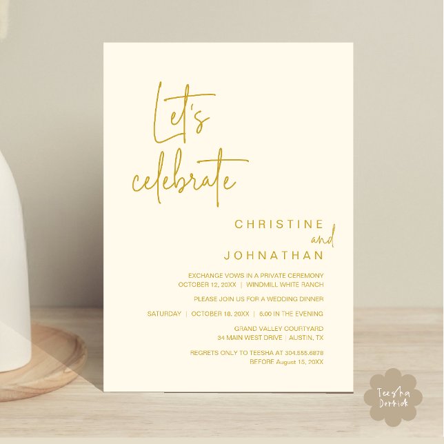 Invitación Celebremos, Cena de Boda y Huida (Let's Celebrate, Classy Minimal Wedding Elopement Party Dinner Invitation Card in Yellow Gold Cream)