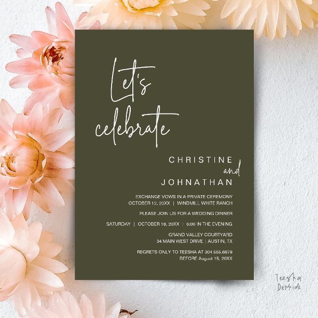 Invitación Celebremos, cena de fiesta de boda íntima (Let's Celebrate, Classy Minimal Wedding Elopement Party Dinner Invitation Card in Olive Green)