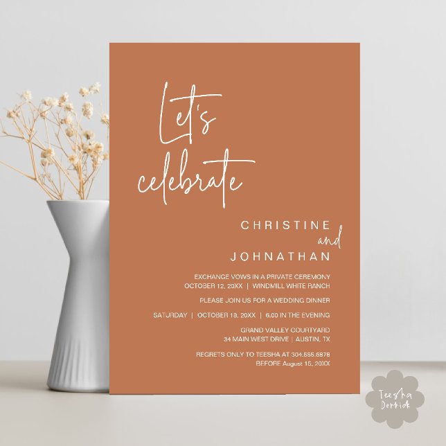 Invitación Celebremos, cena de fiesta de boda íntima (Let's Celebrate, Classy Minimal Wedding Elopement Party Dinner Invitation Card in Copper Brown)