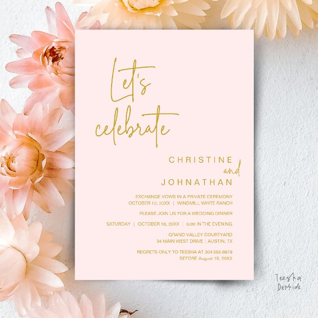 Invitación Celebremos, cena de fiesta de boda íntima (Let's Celebrate, Classy Minimal Wedding Elopement Party Dinner Invitation Card in Blush Gold)