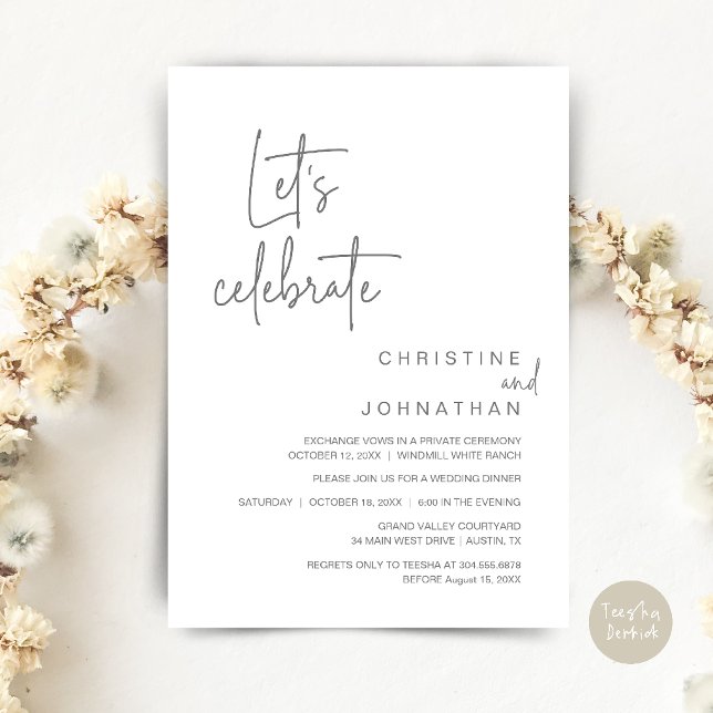 Invitación Celebremos, cena de fiesta de boda íntima (Let's Celebrate, Classy Minimal Wedding Elopement Party Dinner Invitation Card in Dark grey)
