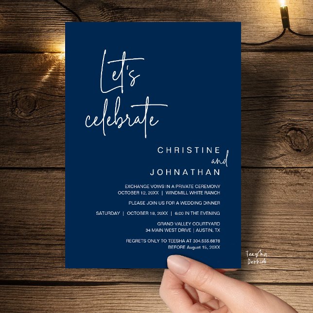 Invitación Celebremos, cena de fiesta de boda íntima (Let's Celebrate, Classy Minimal Wedding Elopement Party Dinner Invitation Card in Navy Blue)