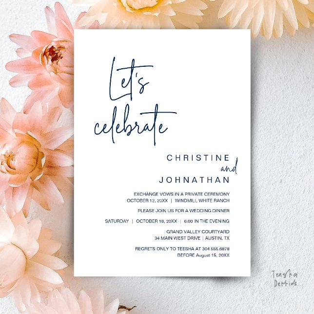 Invitación Celebremos, cena de fiesta de boda íntima (Let's Celebrate, Classy Minimal Wedding Elopement Party Dinner Invitation Card in Navy Blue)
