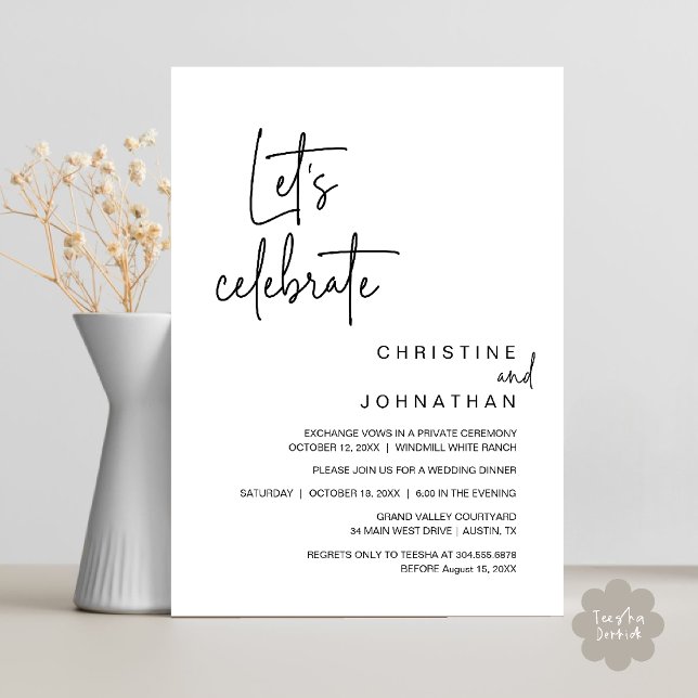 Invitación Celebremos, cena de fiesta de boda íntima (Let's Celebrate, Classy Minimal Wedding Elopement Party Dinner Invitation Card in Black and White)