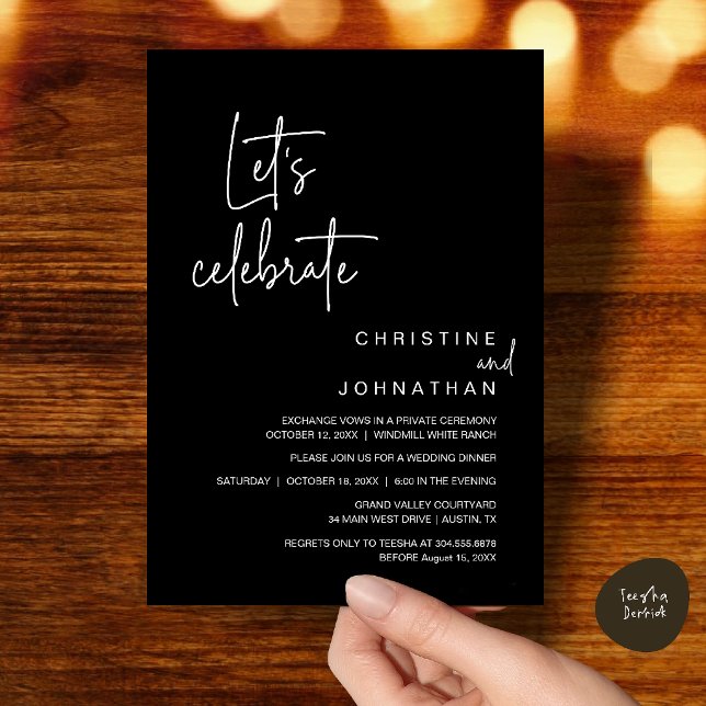 Invitación Celebremos, cena de fiesta de boda íntima (Let's Celebrate, Classy Minimal Wedding Elopement Party Dinner Invitation Card in Classy Black)