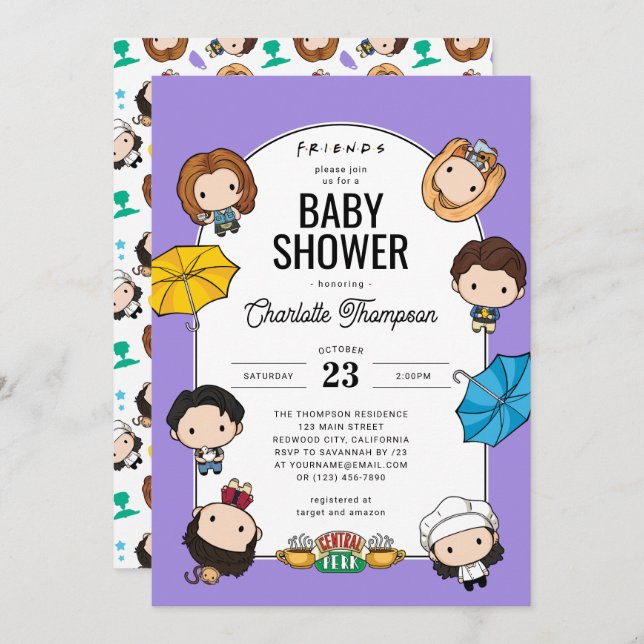 Invitación ¡Celebremos con AMIGOS! Chibi Art Baby Shower (Anverso / Reverso)