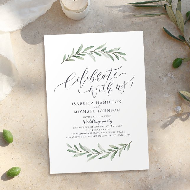 Invitación ¡Celebremos Con Nosotros! Boda Rústico Sencillo de (Celebrate With Us! Simple Rustic Greenery Wedding Invitation)