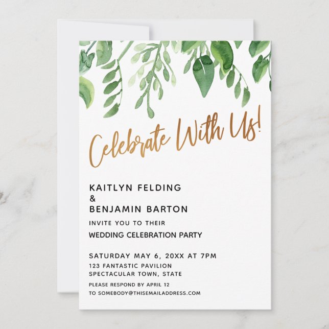 Invitación ¡Celebremos Con Nosotros! Caligrafía de oro con ve (Anverso)