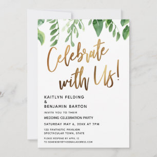 Invitación ¡Celebremos Con Nosotros! Caligrafía de oro con ve