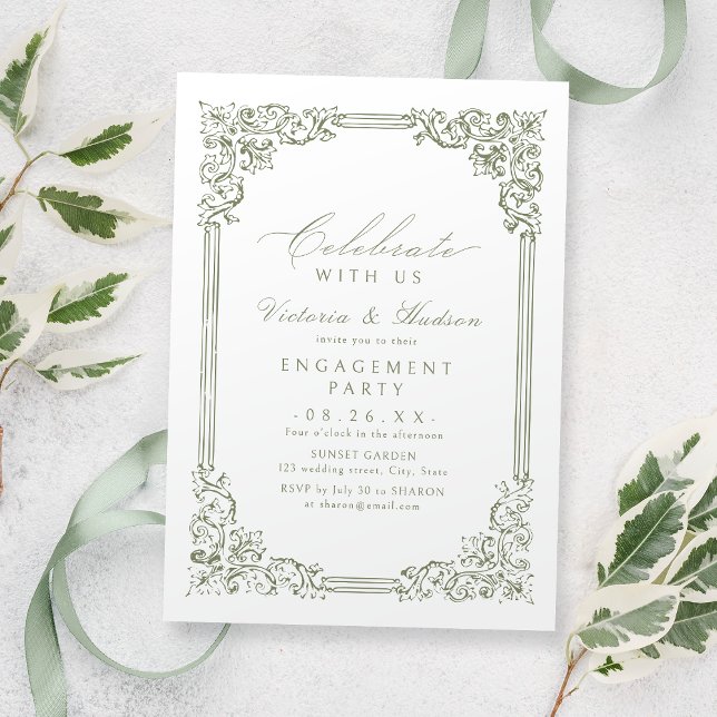 Invitación ¡Celebremos Con Nosotros! Compromiso con la cosech (Celebrate With Us! Sage Green Vintage Engagement Invitation)