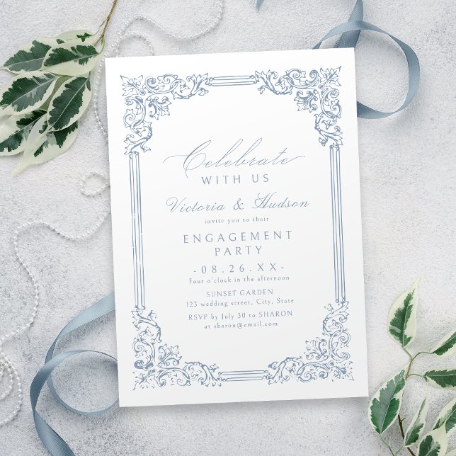 Invitación ¡Celebremos Con Nosotros! Compromiso de cosecha az (Celebrate With Us! Dusty Blue Vintage Engagement Invitation)