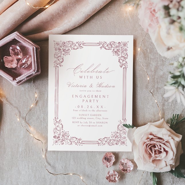Invitación ¡Celebremos Con Nosotros! Compromiso de venado ros (Celebrate With Us! Dusty Pink Vintage Engagement Invitation)