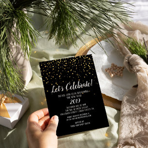 Invitación Celebremos Confeti Dorado sobre Negro Año Nuevo