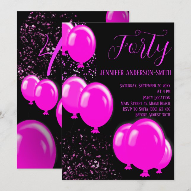 Invitación ¡Celebremos! Cuarenta fabulosos Fiestas negros ros (Anverso / Reverso)