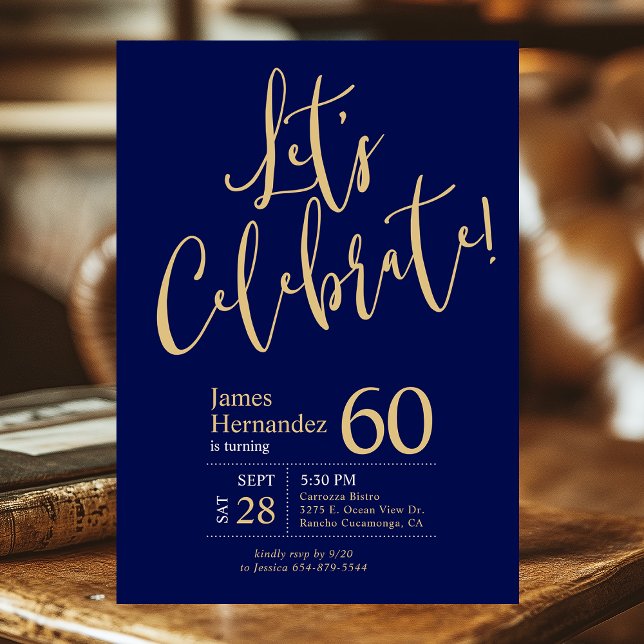 Invitación ¡Celebremos cumpleaños 60 azul marino oro Foto (Subido por el creador)