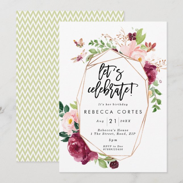 Invitación celebremos cumpleaños florales geométricos (Anverso / Reverso)