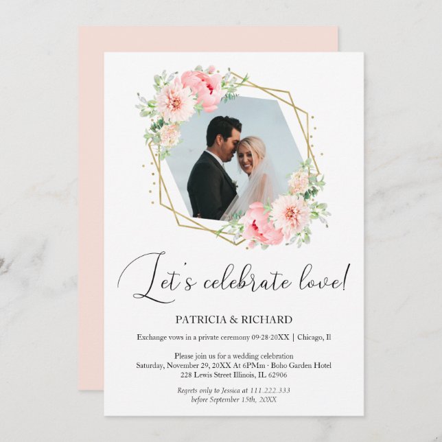 Invitación Celebremos el amor Recepción de boda huida (Anverso / Reverso)
