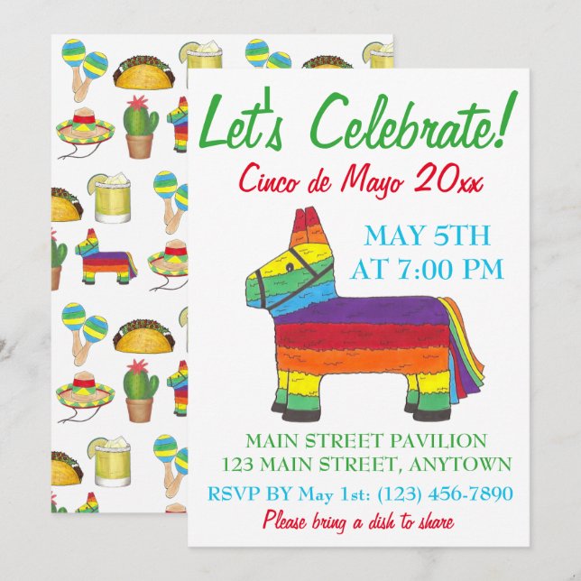 Invitación Celebremos el Cinco de Mayo Fiesta Taco Piñata (Anverso / Reverso)