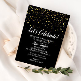 Invitación Celebremos el Confetti de Oro en cumpleaños negro