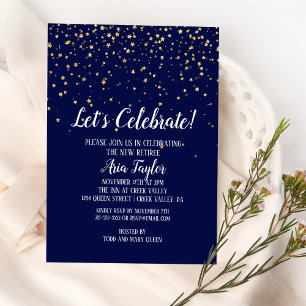 Invitación Celebremos el Confetti de oro en Fiesta azul de la