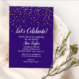 Invitación Celebremos el Confetti de oro en Fiesta morado