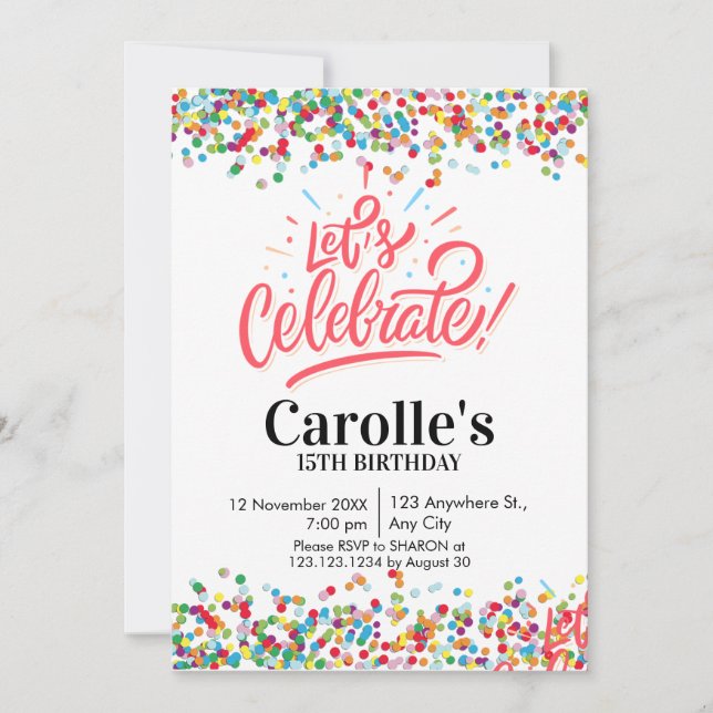 Invitación Celebremos el cumpleaños de Confetti Simple Fiesta (Anverso)
