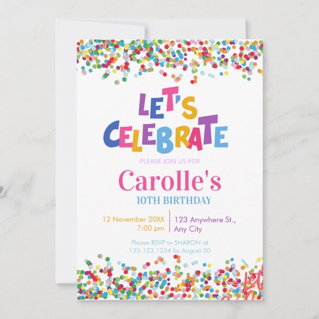 Invitación Celebremos el cumpleaños del Fiesta Confetti (Anverso)