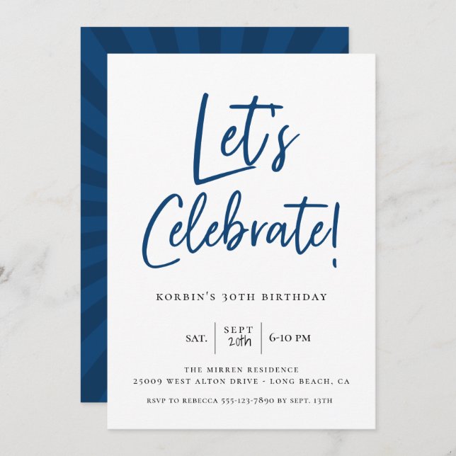 Invitación Celebremos el cumpleaños del guión azul moderno (Anverso / Reverso)