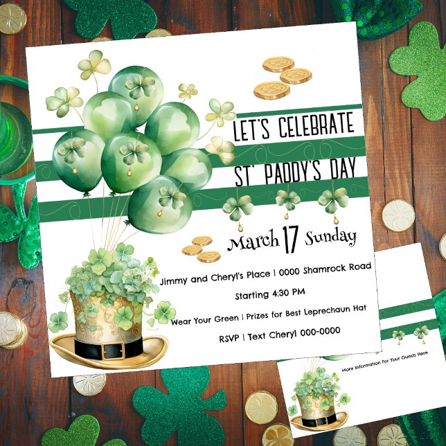 Invitación Celebremos el Día de San Patricio  (Cute leprechaun Irish top hat in gold with party balloons covered in shamrocks customizable invites)