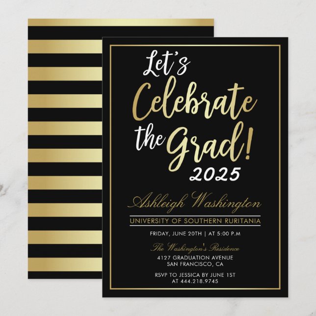 Invitación ¡Celebremos El Grad! | Graduación en negro dorado (Anverso / Reverso)