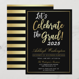 Invitación ¡Celebremos El Grad!   Graduación en negro dorado