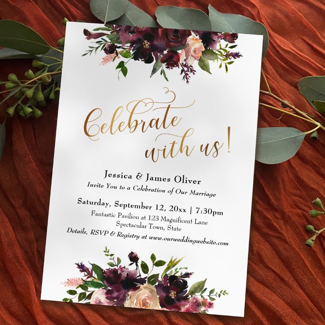 Invitación ¡Celebremos el oro con nosotros! Floral borgoñona  (Subido por el creador)