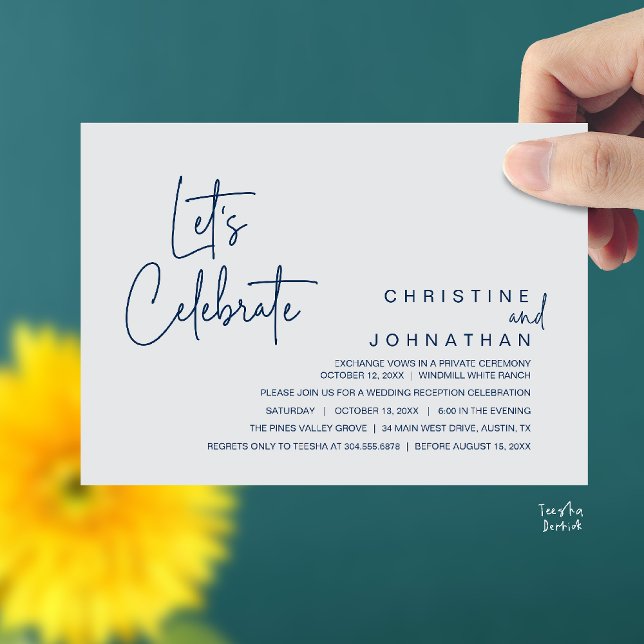 Invitación Celebremos, Fiesta de Boda y Cena de Huida (Let's Celebrate, modern minimal Wedding Elopement Dinner Party Invitation card in navy blue grey)