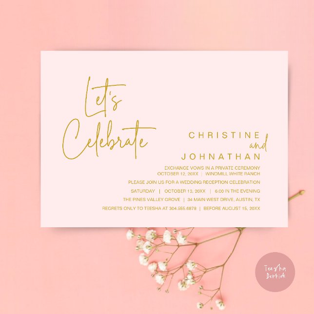 Invitación Celebremos, Fiesta de Boda y Huida (Let's Celebrate, modern minimal Wedding Elopement Dinner Party Invitation card in yellow gold blush)