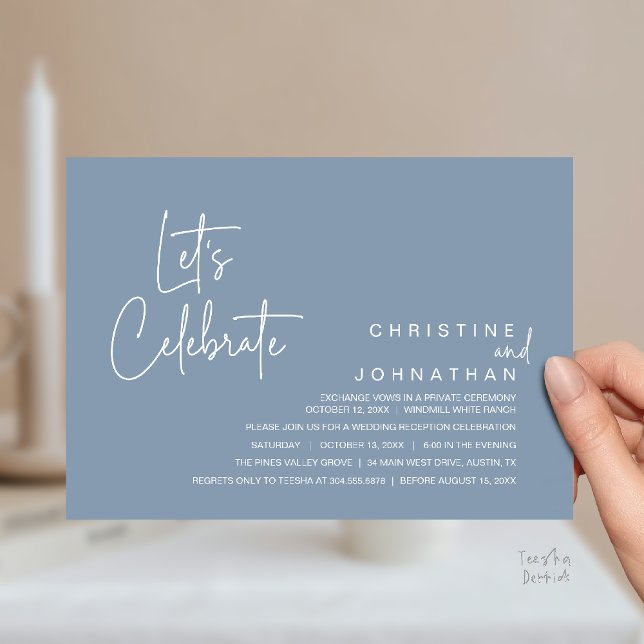 Invitación Celebremos, Fiesta de Cena de Boda Fugaz (Let's Celebrate, modern minimal Wedding Elopement Dinner Party Invitation card in dusty blue)