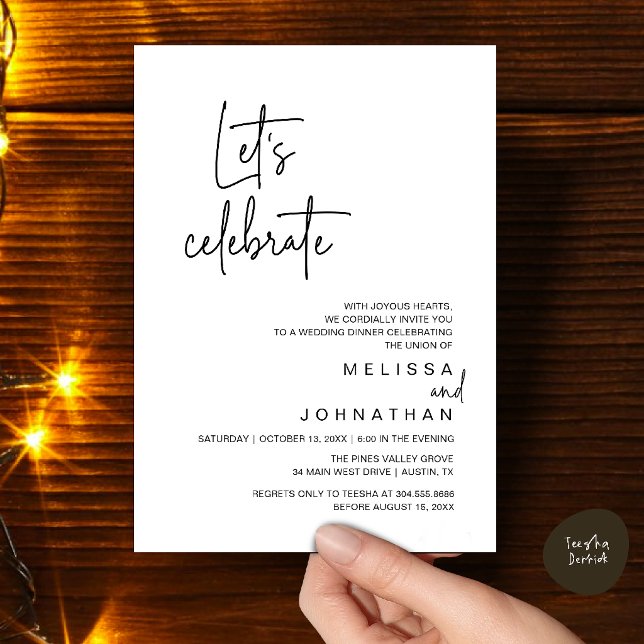 Invitación Celebremos, Fiesta de Cena de Boda Intima (Let's Celebrate, Modern Wedding Elopement Dinner Party Invitation Card in Black White)