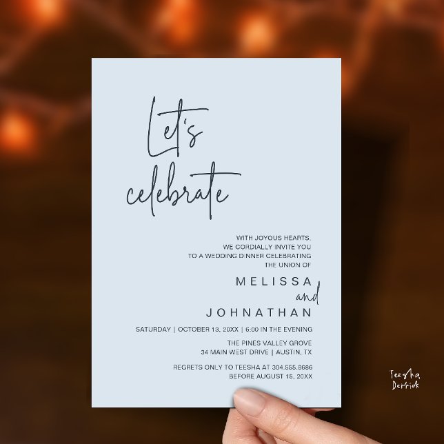 Invitación Celebremos, Fiesta de Cena de Boda Intima (Let's Celebrate, Modern Wedding Elopement Dinner Party Invitation Card in Misty Blue)